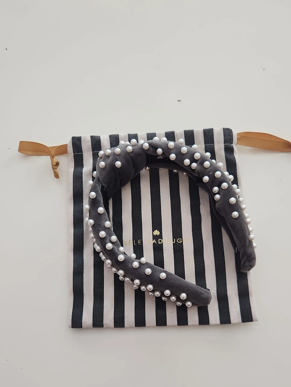 Lele Sadoughi Charcoal Gray Pearl Headband With Dust Bag